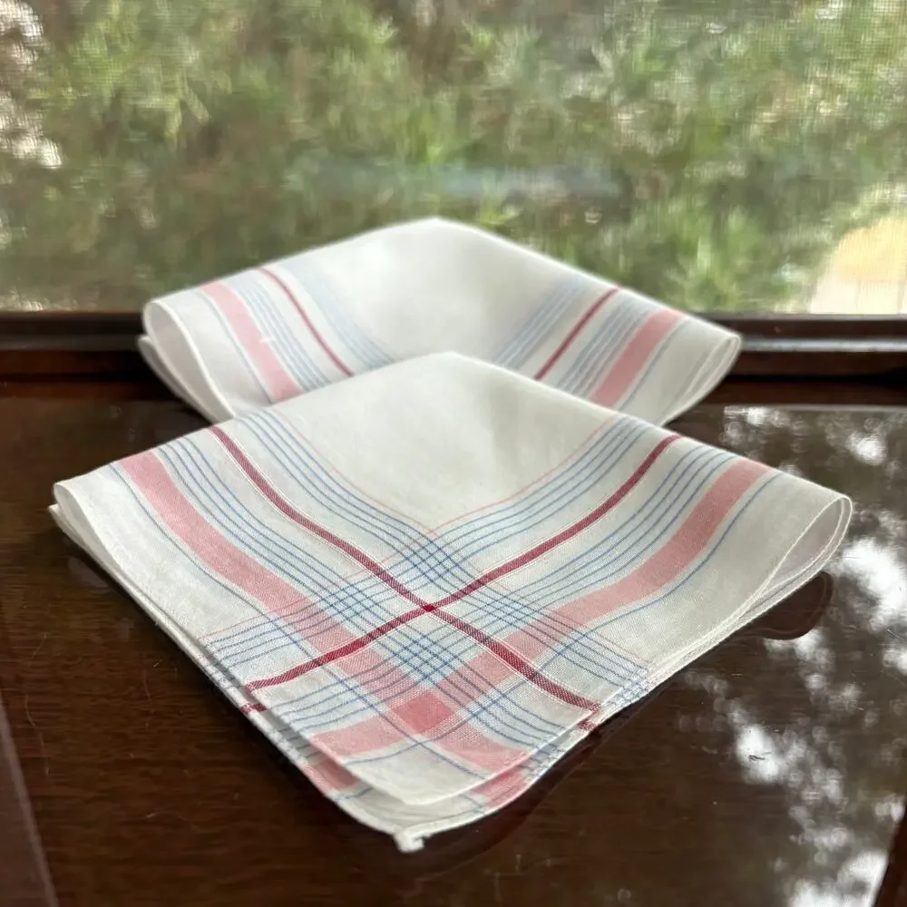 Vintage Plaid Cotton Handkerchief Set Pink Blue 11x11